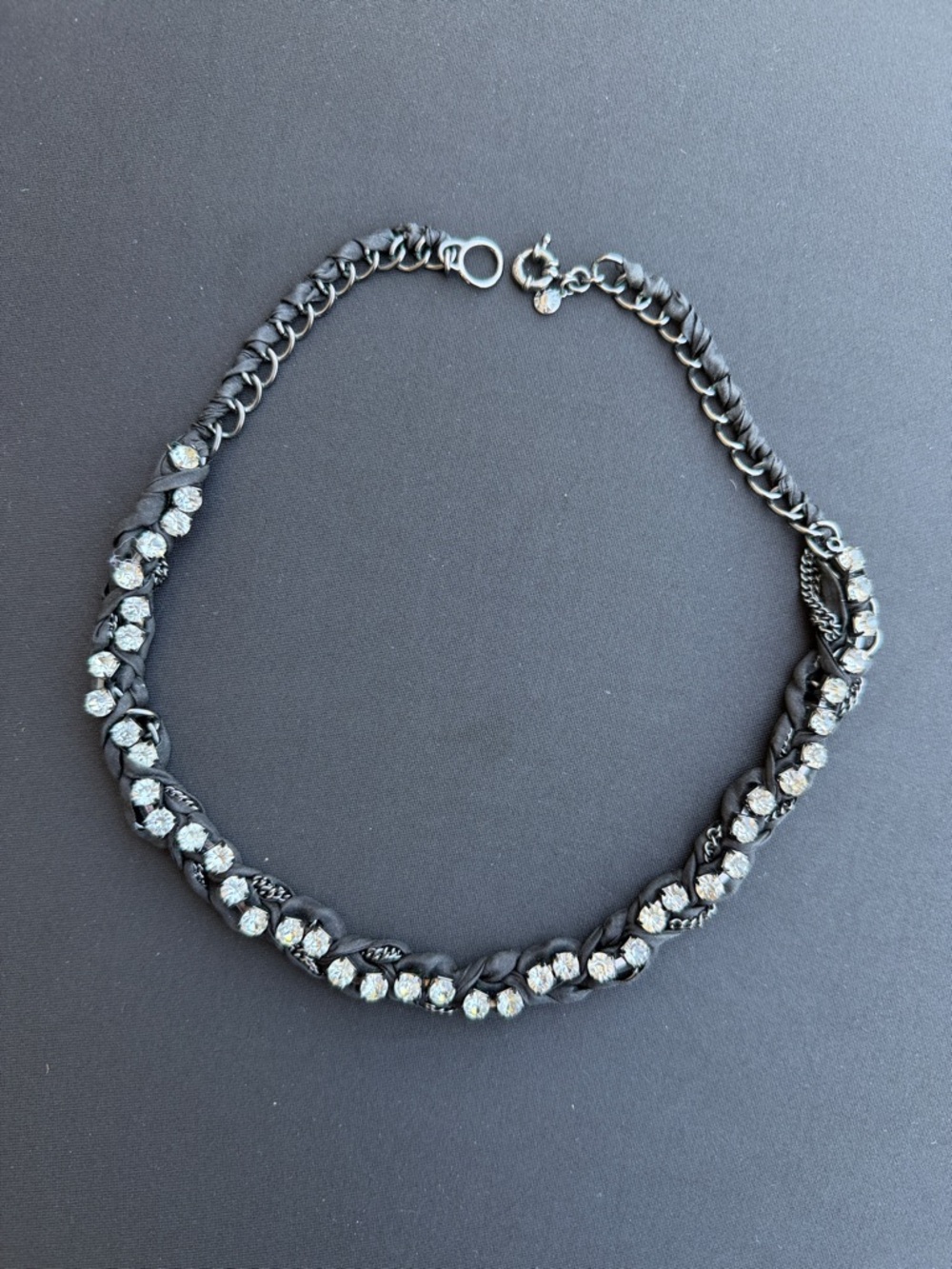 J. CREW Vtg Black Braided Ribbon Chain & Crystals Adjustable Statement Necklace - Picture 3 of 6